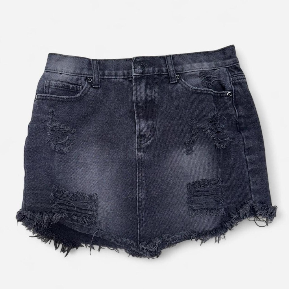 Forever 21 Black Distressed Denim Mini Skirt Y2K Grunge Raw Hem